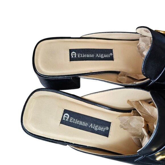 Y2K 90s Etienne Aigner Black Leather Mules Clogs Loafers Sz 8.5 Square Toe - Picture 11 of 13
